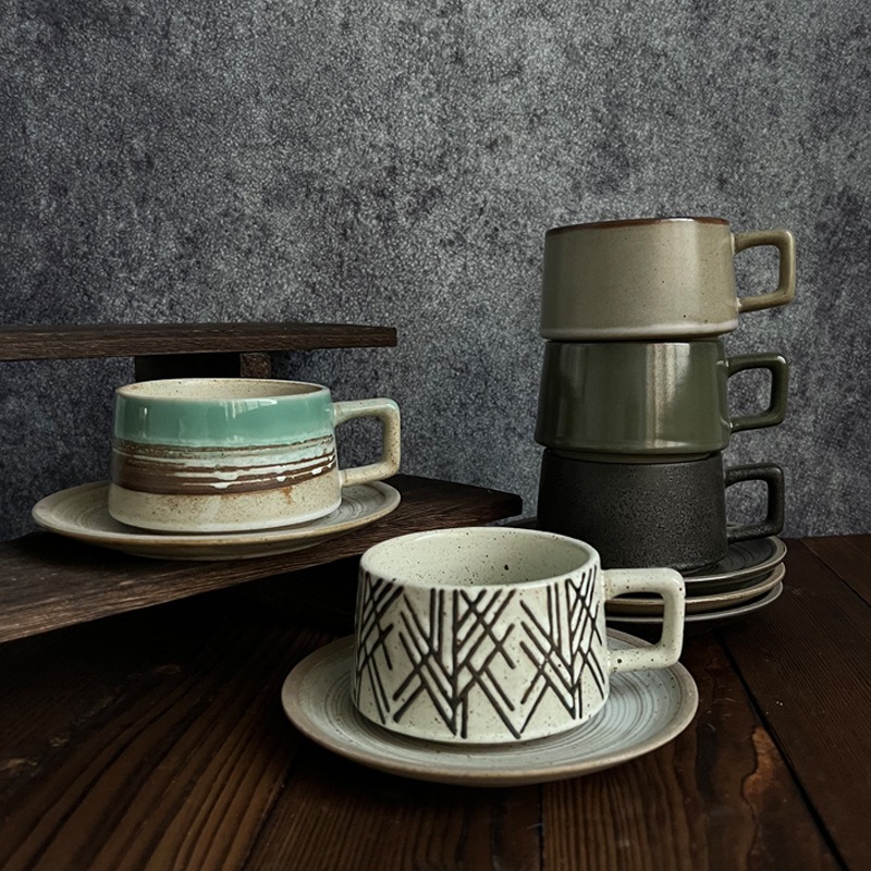 Espresso Cup Saucer - Retro Stoneware Coffee Cup & Saucer